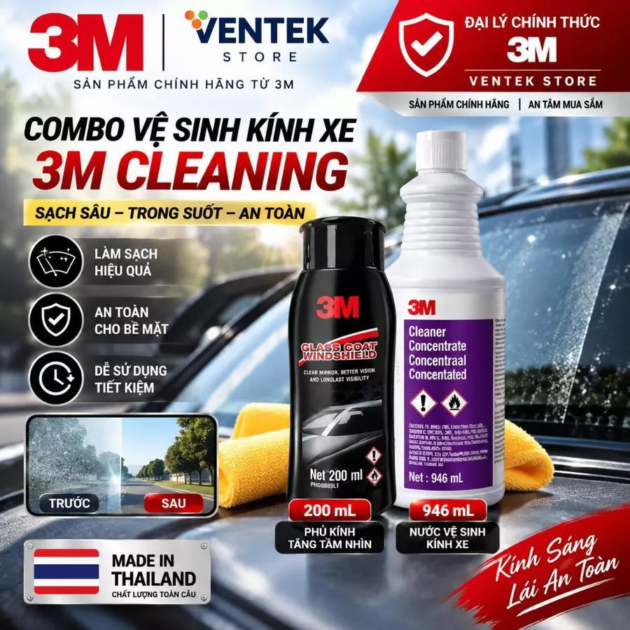 Combo chăm sóc kính ô tô 3M gồm chai xử lý ố kính, phủ chống bám nước và khăn lau trên listing Shopee Mall