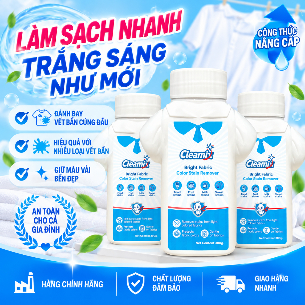 [COMBO 3] Bôt tẩy vết bẩn, vết đồ ăn trà cà phê trên vải, tất vớ, ga giường, vỏ gối