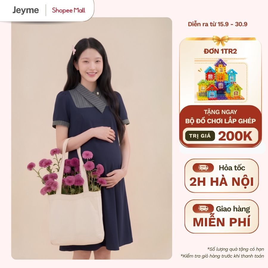 Váy Bầu Công Sở JEYME Dáng Chữ A Giấu Bụng Phối Cổ Thanh Lịch Màu Xanh Navy - JN0014