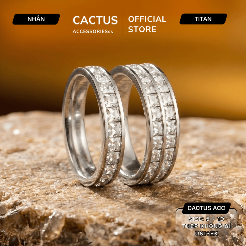 Nhẫn đính đá 1 line 2 line lấp lánh, nhẫn cặp trang sức nam nữ Titan không gỉ phụ kiện Cactus Acc