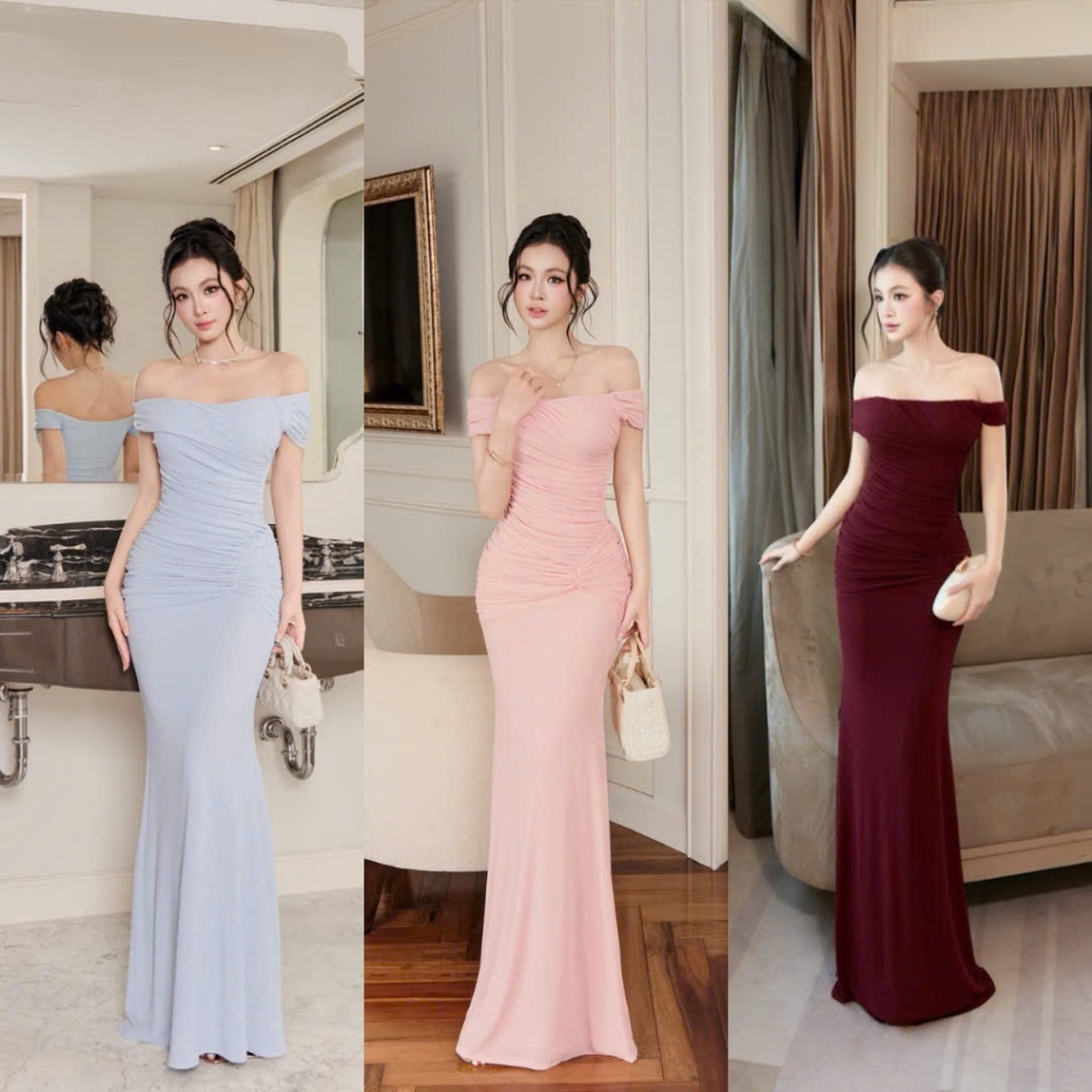 Đầm Dài Body Trễ Vai Nhún Rút Dây Tôn Dáng Quyến Rũ