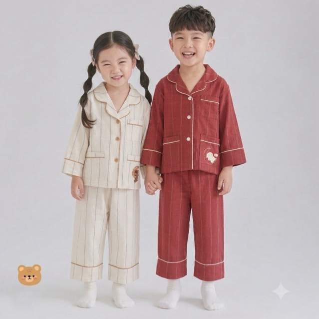 Bộ pijama dài tay cho bé trai bé gái sz 8-30kg 2 màu đỏ sữa, bộ ngủ dài tay thu đông cho bé chất đũi mềm
