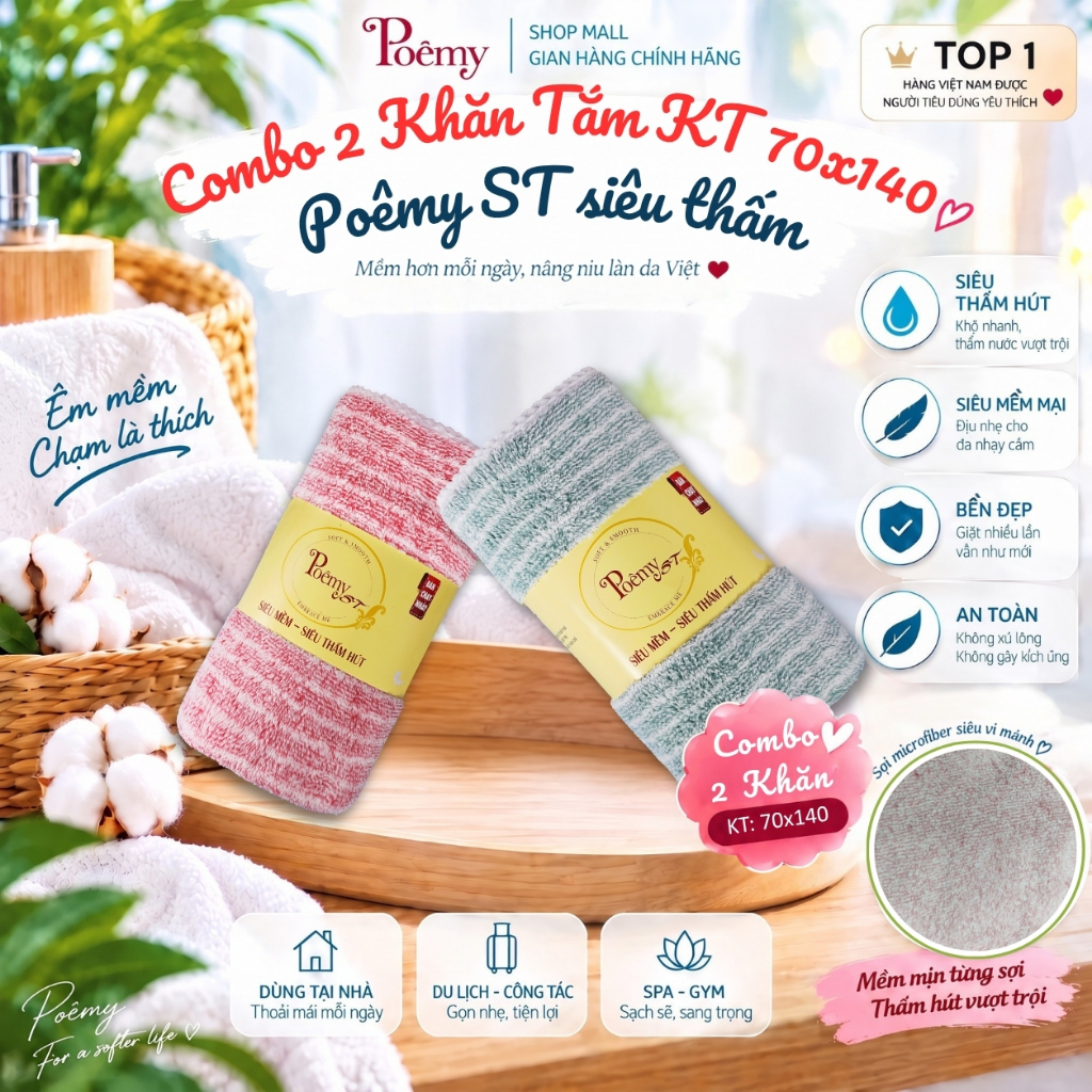 [CHÍNH HÃNG] Combo 2 Khăn Tắm Poêmy ST Cao Cấp Siêu Thấm KT 70x140cm | Poêmy Official