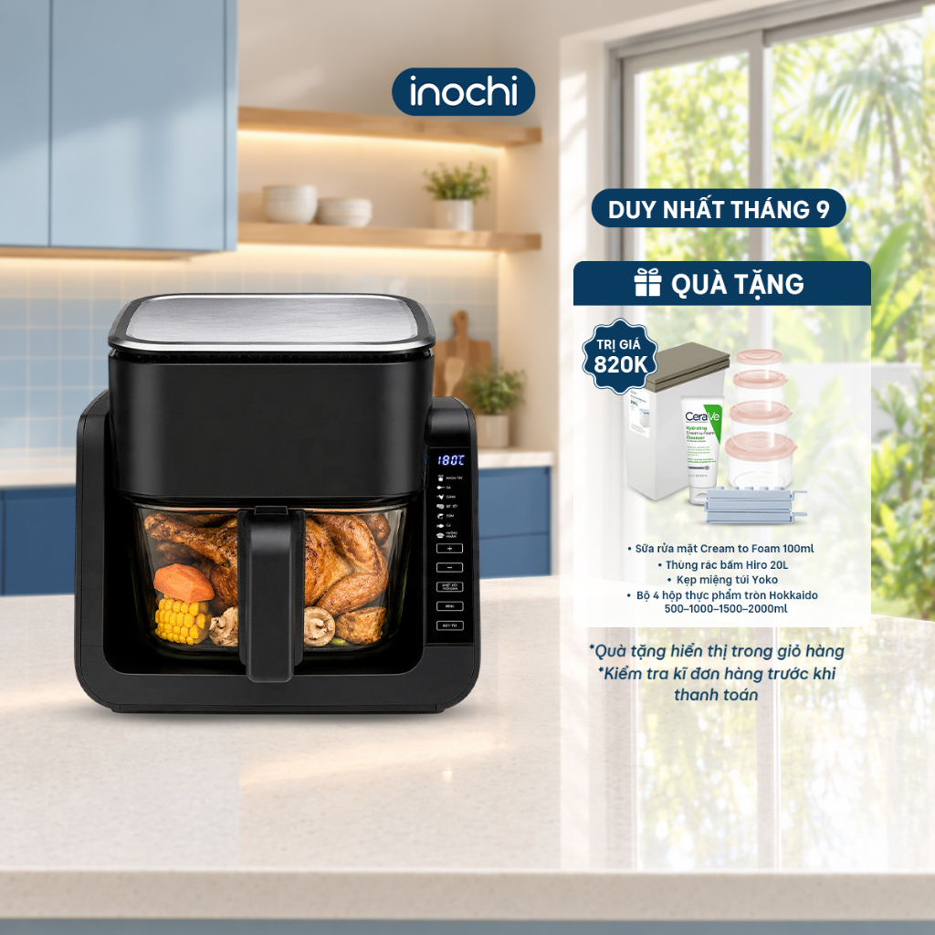 Nồi Chiên Không Dầu 6in1 Inochi Akiba - Nồi chiên đa năng nướng lật đảo chiều, lồng kính trong suốt