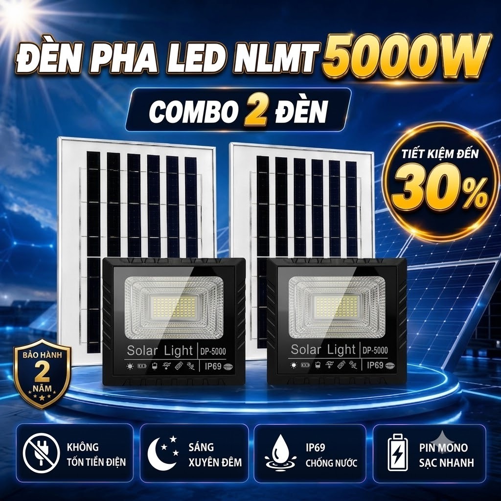 COMBO 2 BỘ ĐÈN NĂNG LƯỢNG MẶT TRỜI 5000W - VỎ NHỰA ABS, Đèn sáng không tốn điện, độ sáng 6-8 tiếng. Chống nước IP69