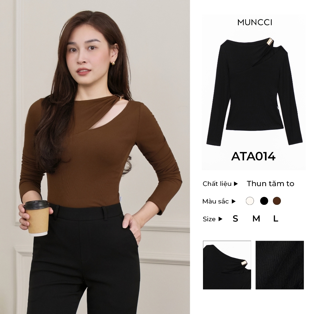 Áo Thun Nữ Dài Tay MUNCCI ATA014 Khoét Vai Chất Thun Tăm Gân Mềm Mại, Tôn Dáng, Ôm Body, Dễ Phối Đồ