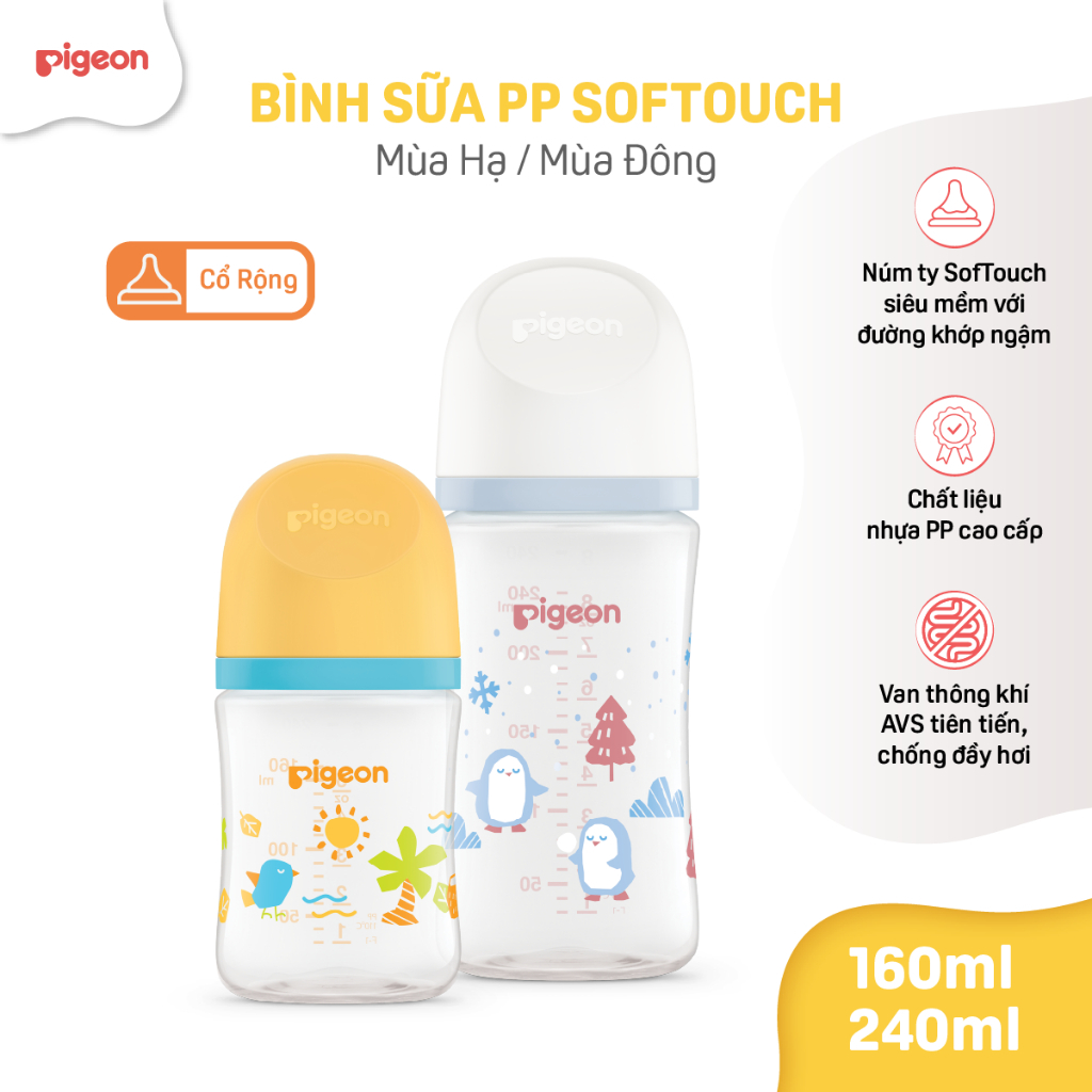 [PP SVIP] Bình sữa chống đầy hơi Pigeon cổ rộng cho bé sơ sinh núm ti siêu mềm chống sặc chính hãng