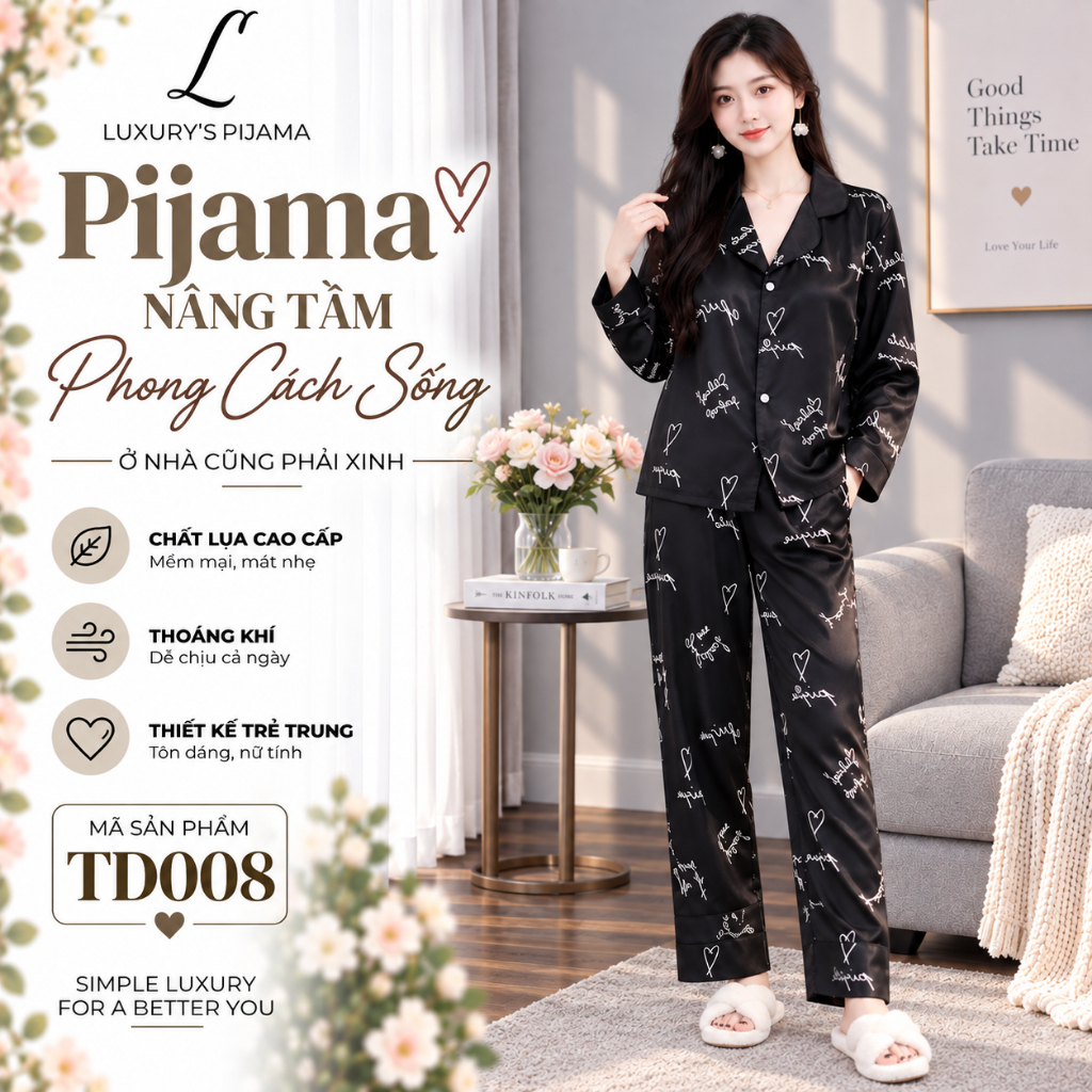 Đồ bộ nữ LUXURY PIJAMA lụa latin cao cấp, mềm mịn sang trọng tay dài màu đen họa tiết chữ TD008