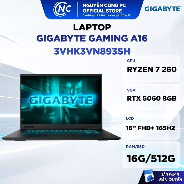 Laptop Gigabyte Gaming A16 3VHK3VN893SH (Ryzen 7 260, 16GB, 512GB SSD, RTX 5060 8GB, 16'' FHD+ 165Hz, Win 11) - BH 24T