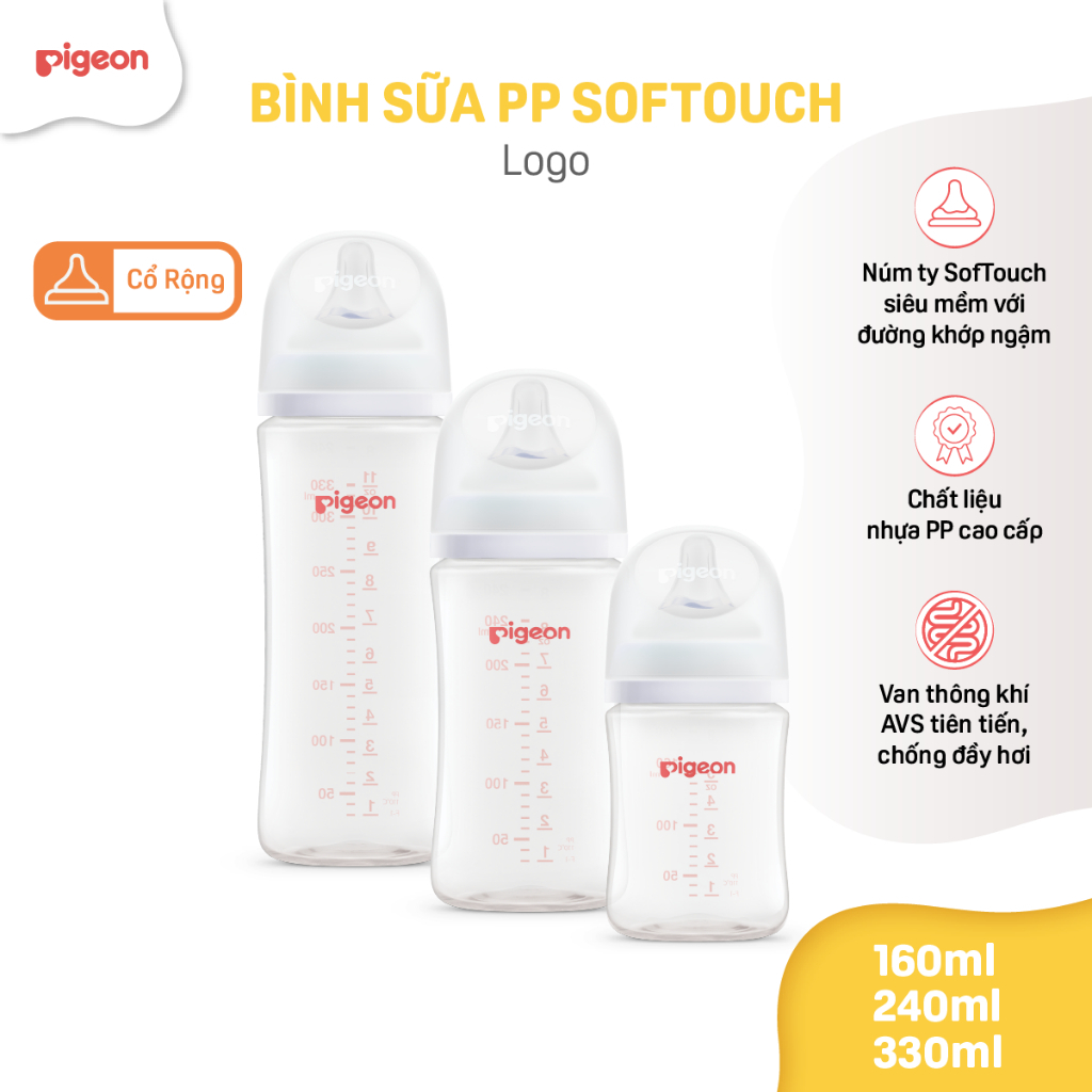 [PP] Bình sữa chống đầy hơi Pigeon cho bé sơ sinh núm ti cổ rộng siêu mềm chống sặc chính hãng