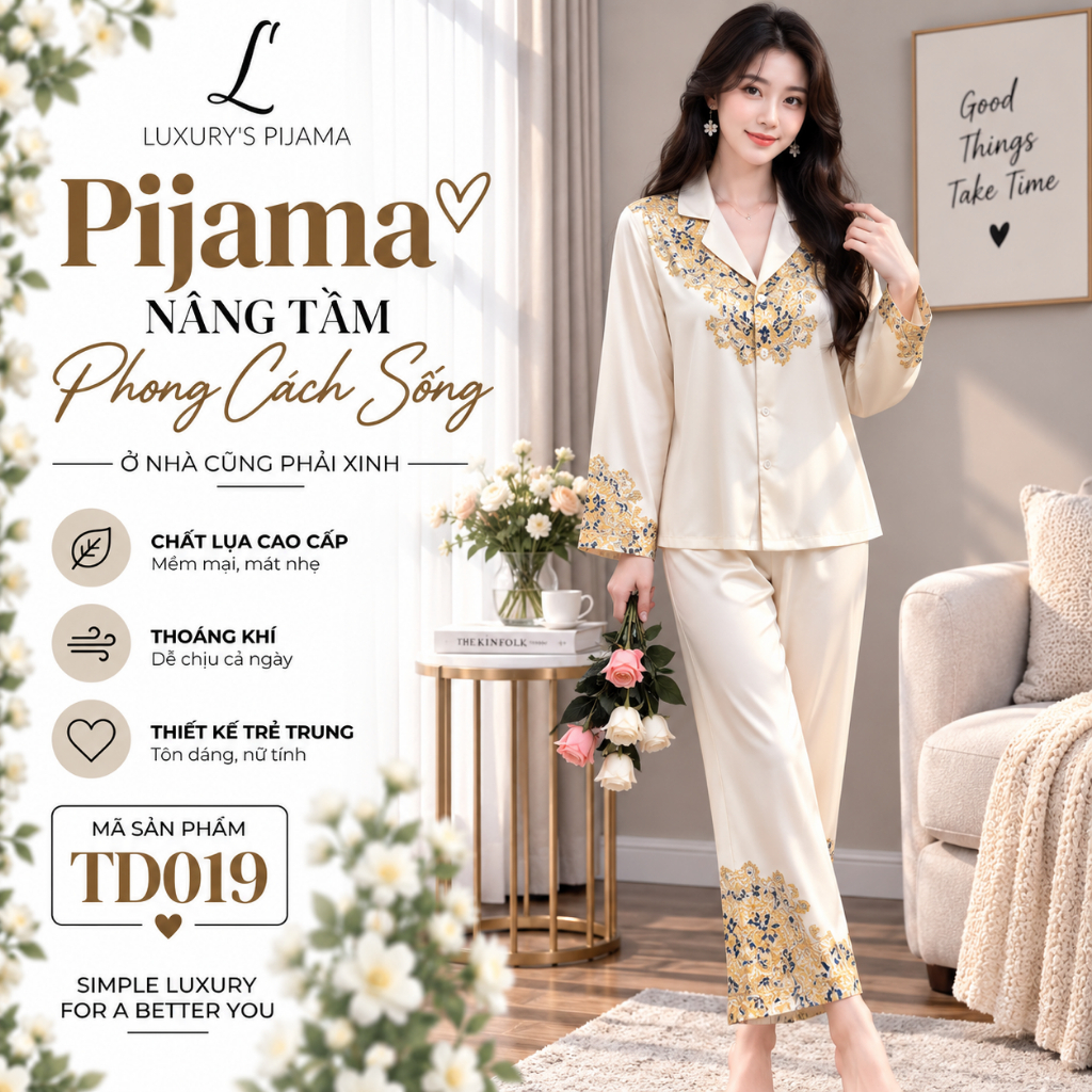 Đồ bộ LUXURY PIJAMA lụa latin cao cấp, mềm mịn sang trọng tay dài với họa tiết sang trọng TD019