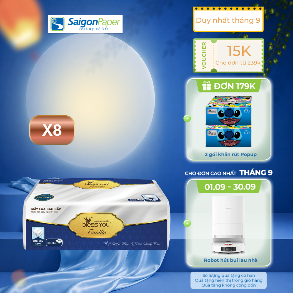 Combo 8 Gói Khăn lụa cao cấp Bless You Famille 200 tờ