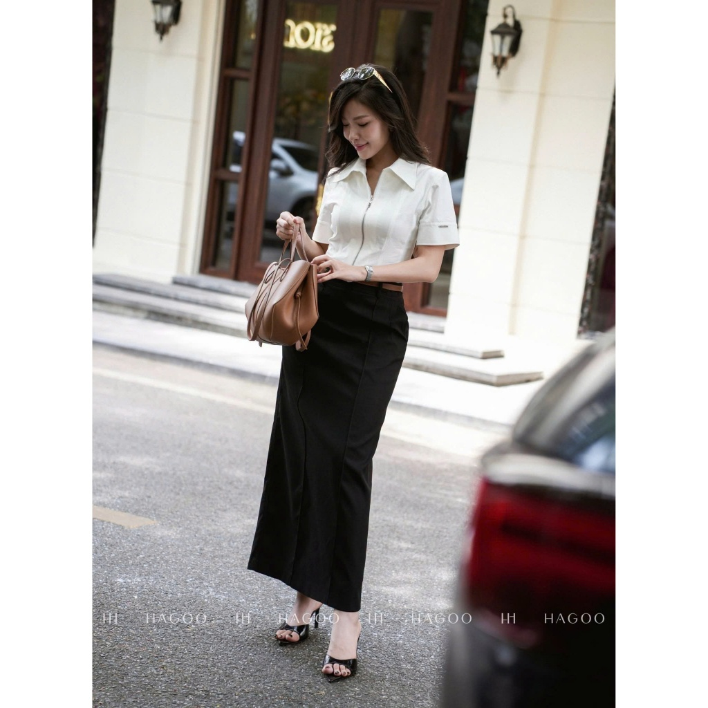 Chân váy kaki dáng dài công sở thiết kế HAGOO trẻ trung 3 màu Đen / Trắng/ Nâu be thanh lịch [CV941]