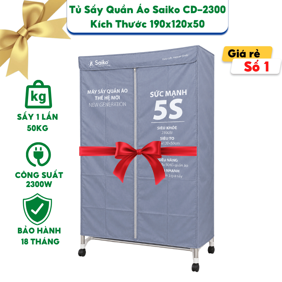Tủ Sấy Quần Áo Saiko CD2300 (2300W - 50KG) - Hàng Chính Hãng - Bảo Hành 18 Tháng, Sấy Đối Lưu, Toả Nhiệt Đều