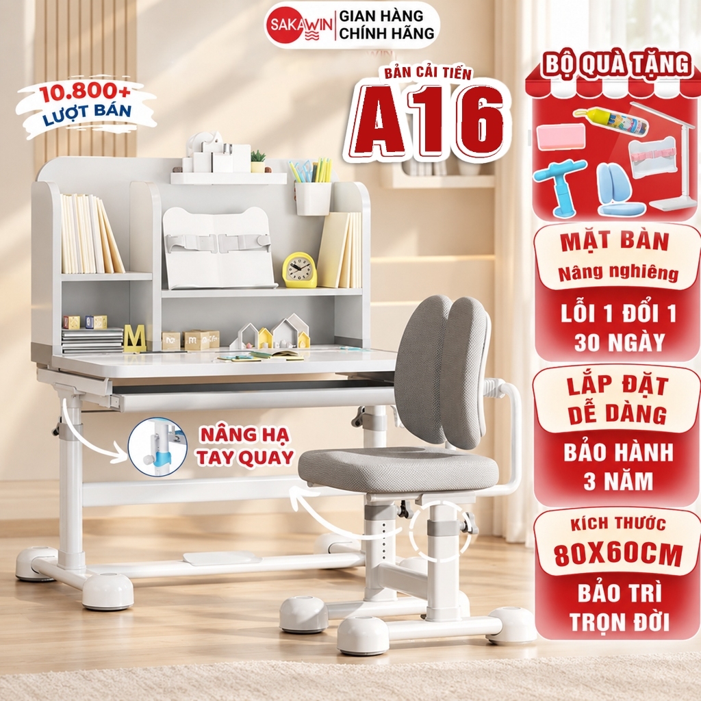 (Bản Cải Tiến) Bộ bàn học cho bé Sakawin A16 Bàn học chống gù cho bé từ 3 đến 15 tuổi, Nâng hạ tay quay.