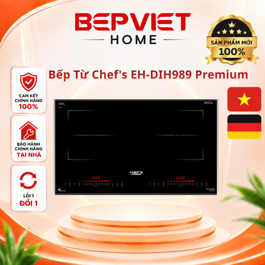 Bếp từ đôi Chef's EH-DIH989 Premium, Mặt kính Schott Ceran, Linh kiện EGO Đức, Đun sôi liu riu, Chính hãng