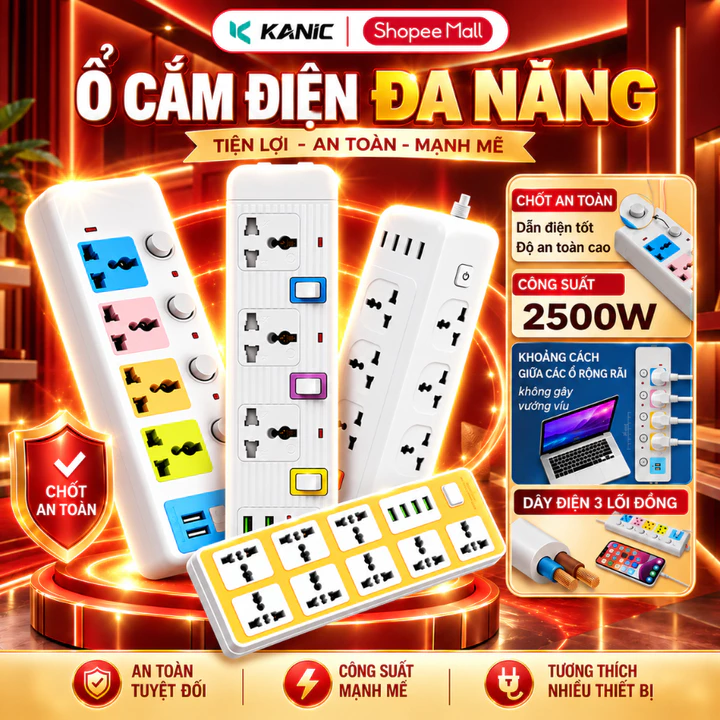 Ổ Cắm Điện Đa Năng KANIC Chịu Tải 2500W Dây Dài 1.8-4m Cổng USB Có Chốt Bấm Chống Giật An Toàn