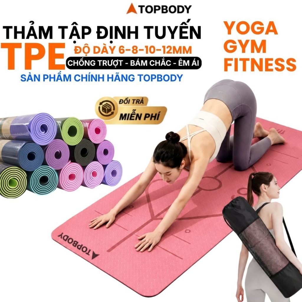 Thảm Yoga Định Tuyến TOPBODY 6/8/10mm Chống Trượt Chất Liệu TPE Cao Cấp Kèm Túi Đựng Đàn Hồi Tốt