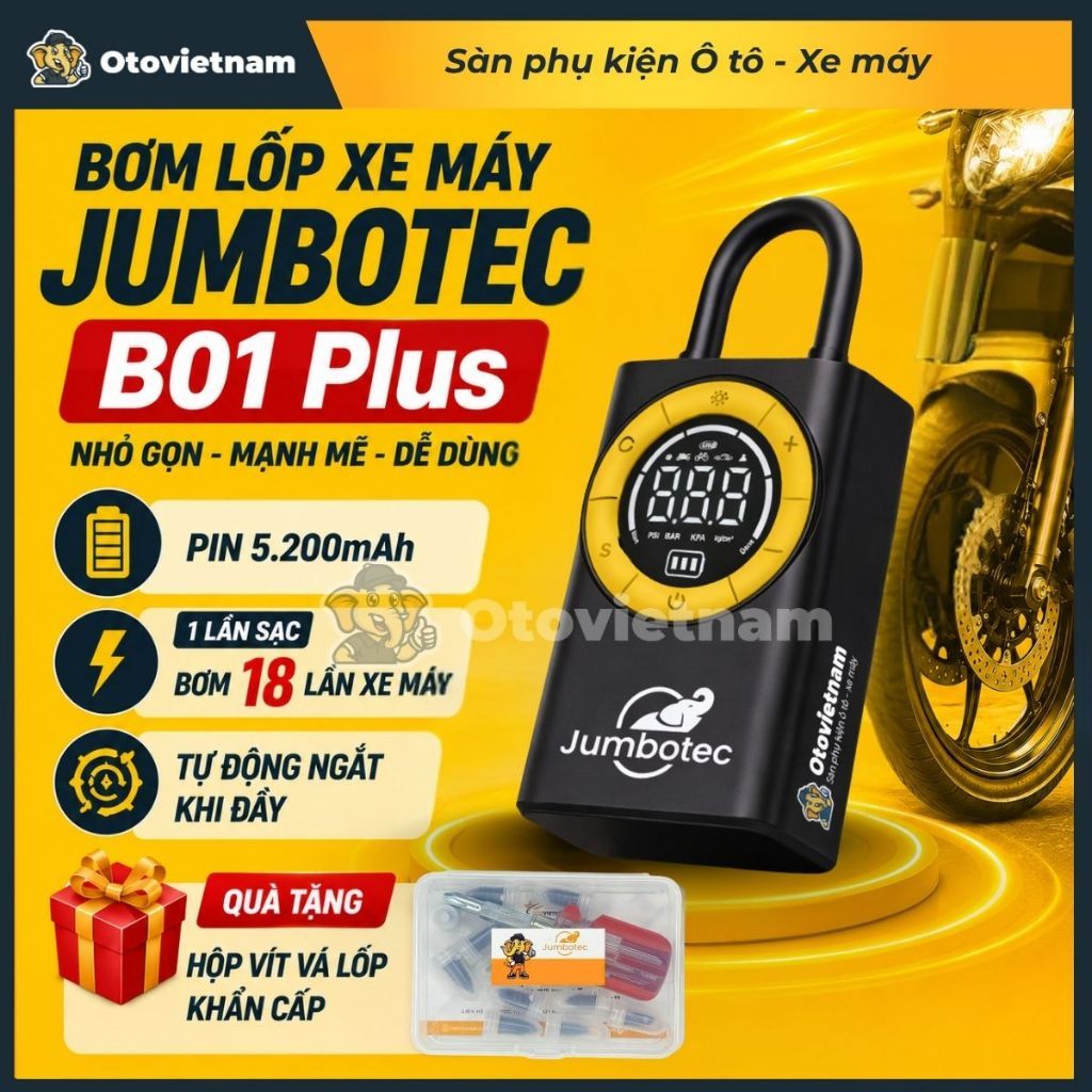 🚗 Bơm Lốp Điện Tử Ô Tô, Xe Máy Jumbotec B01 (bản Plus) Pin 5.200mAh – Đo Áp Suất Lốp, BH 12 Tháng