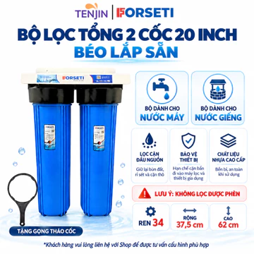 Bộ Lọc Tổng Đầu Nguồn Gồm 2 Cốc Béo Xanh 20 Inch Lắp Sẵn Loại 1 Dày Dặn Kèm Giá, Gông,Lọc Tổng Sinh Hoạt