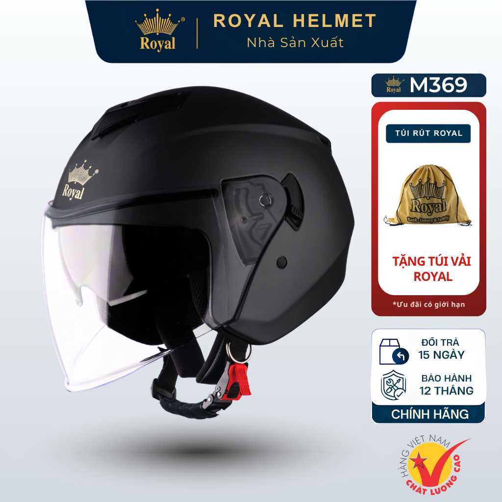 [Royal Helmet Store] Mũ Bảo Hiểm Royal M369, Kiểu Dáng 3 Phần 4, Có 2 Kính Thời Trang, Vỏ Abs