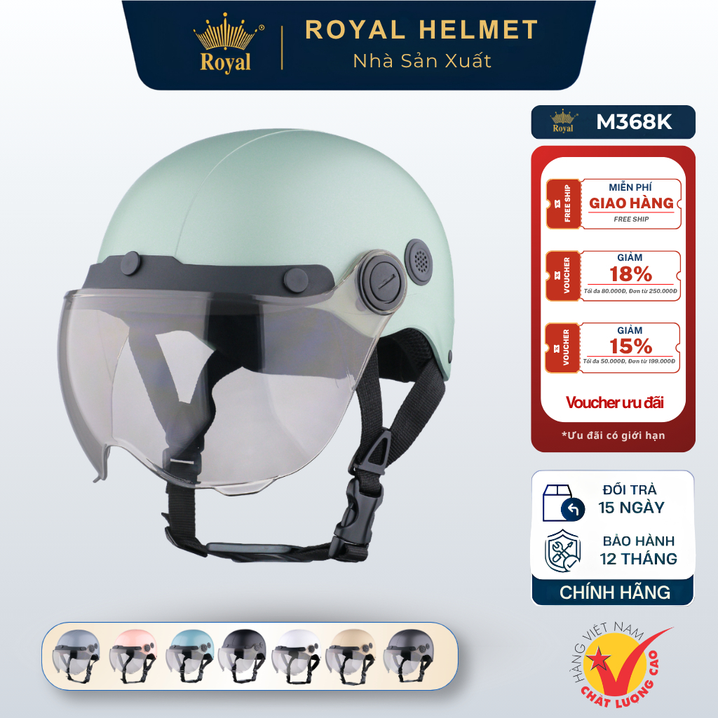 [ĐỘC QUYỀN] Mũ Bảo Hiểm Nữa Đầu Royal M368K Kính Trà, Nón Sơn Nhiều Màu Sắc, Thời Trang Nam Nữ