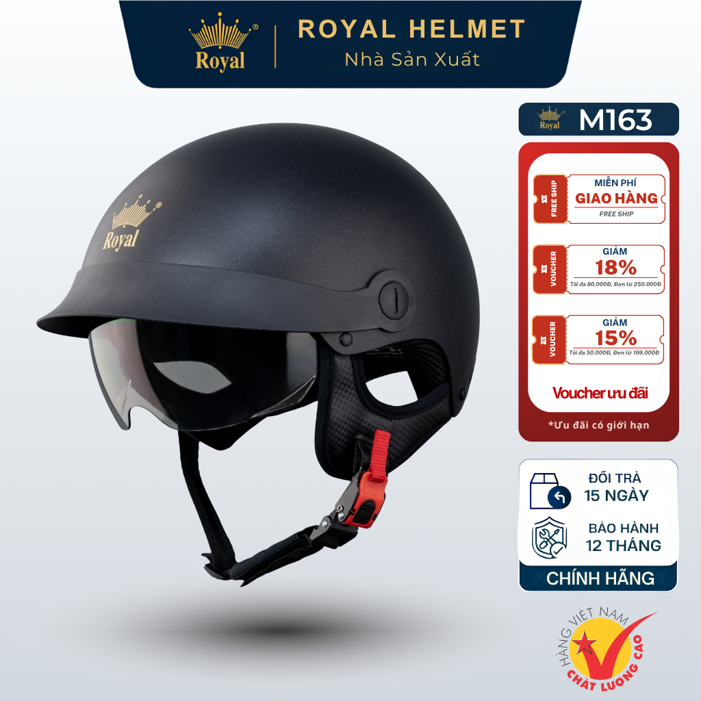[Royal Helmet Store] Mũ Bảo Hiểm Nữa Đầu Royal M163 Kính Đen Lưỡi Trai, Nón Bảo Hiểm Nam Nữ An Toàn