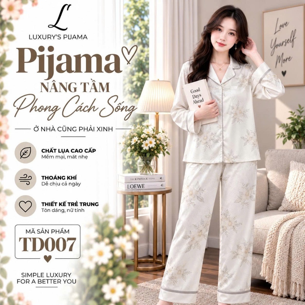 Đồ bộ LUXURY PIJAMA lụa latin cao cấp, mềm mịn sang trọng tay dài hoa trắng phối xám TD007