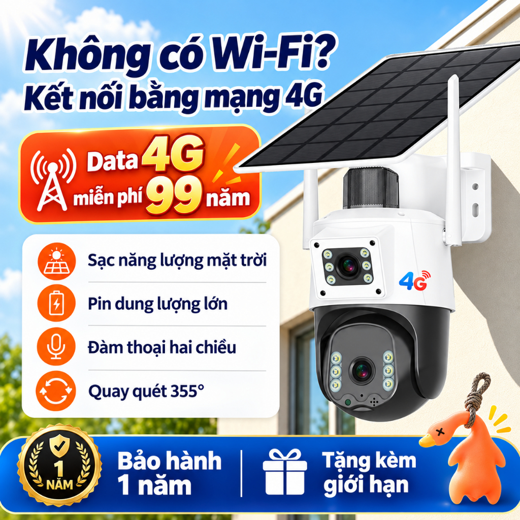 Camera Ngoài Trời Năng Lượng Mặt Trời, Kết Nối 4G, Chống Nước, Camera Siêu Nét, Bảo Hành 1 Năm