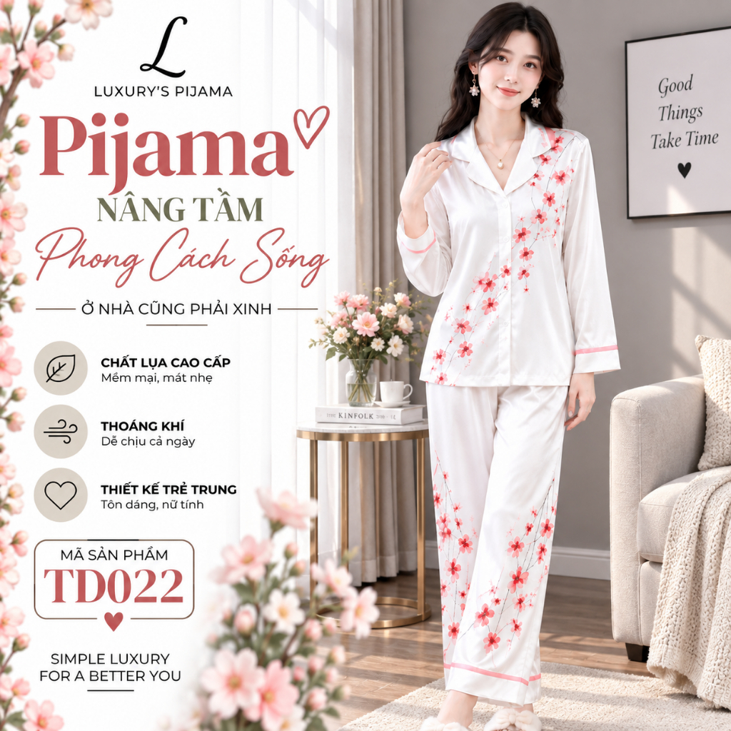 Đồ bộ LUXURY PIJAMA lụa latin cao cấp, mềm mịn sang trọng tay dài hoa đỏ TD022