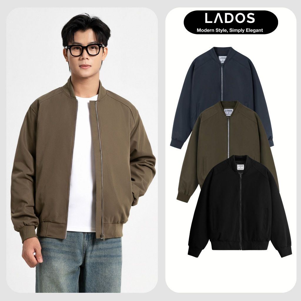 Áo khoác bomber đen kaki LADOS-2054 có túi trong, thấm hút, phong cách Hàn