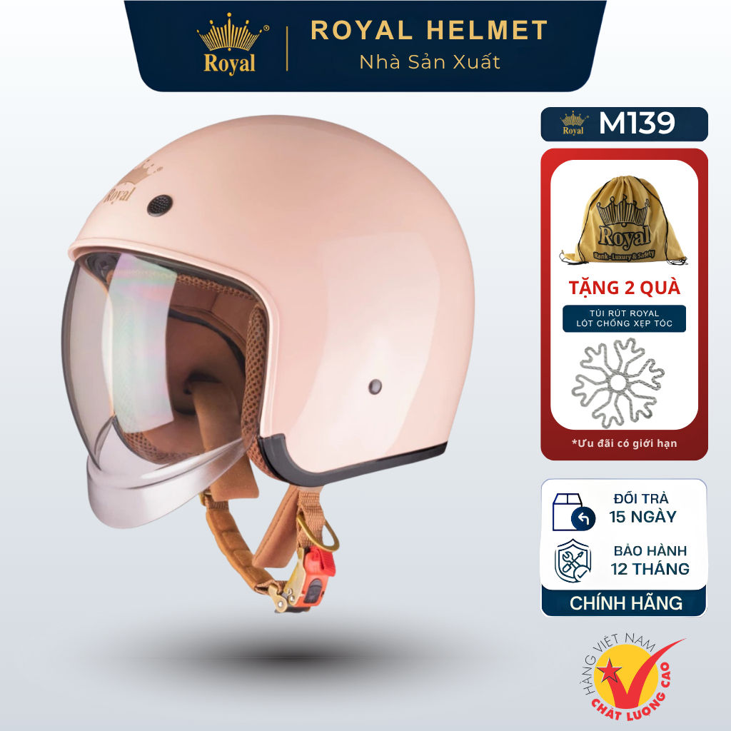 [Royal Helmet Store] Mũ Bảo Hiểm 3/4 Royal M139 Kính Âm,  Chống Nắng Cho Nam Nữ Bảo Hành 12 Tháng