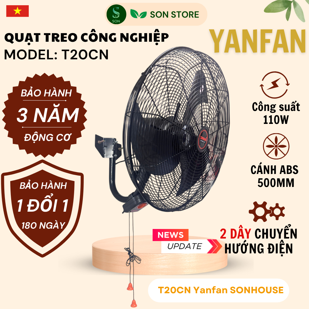 Quạt Công Nghiệp YANFAN Treo Tường 2 Dây T20CN - Công Suất 110W - Sải Cánh 50cm ABS - Động Cơ Motor Đồng 100%