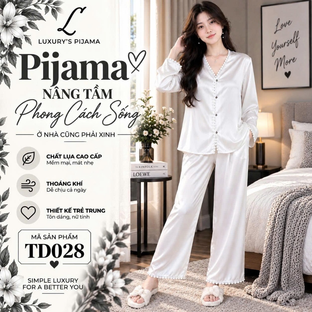 Đồ bộ LUXURY PIJAMA lụa latin cao cấp, mềm mịn sang trọng tay dài trơn phối ren TD028