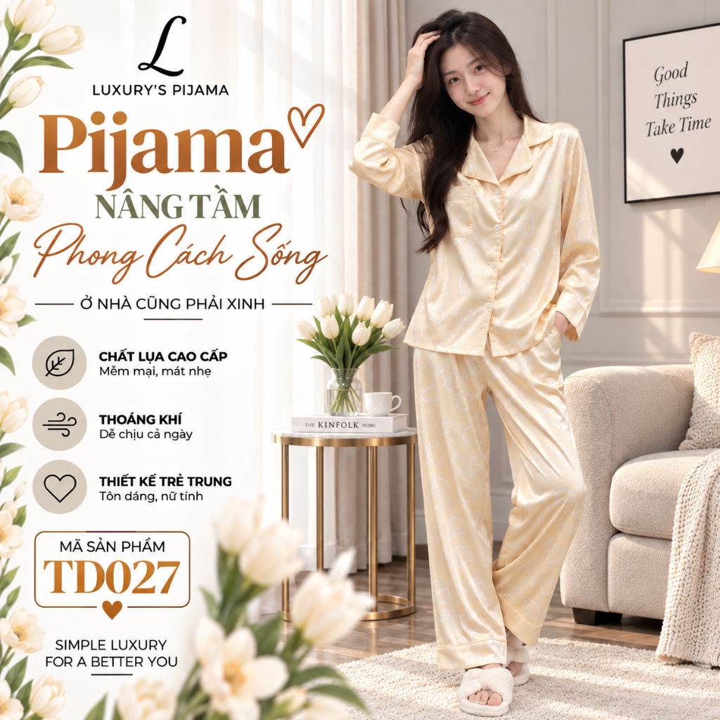 Đồ bộ LUXURY PIJAMA lụa latin cao cấp, mềm mịn sang trọng tay dài họa tiết trái tim vàng cam nhạt TD027