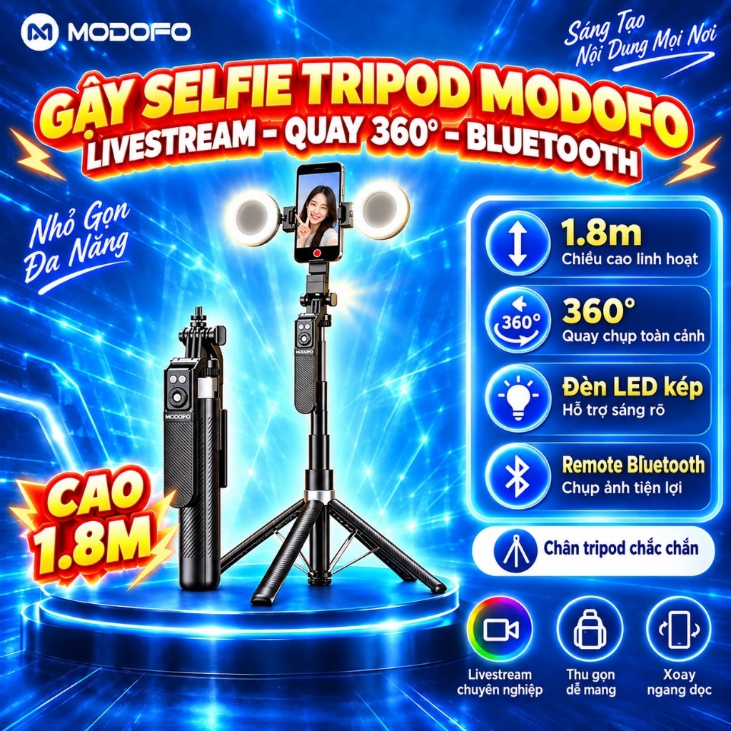 MODOFO1m8 chân máy quay cây chụp hình livestream video 360 độ điện thoại gậy selfie chống rung remote chụp ảnh bluetooth