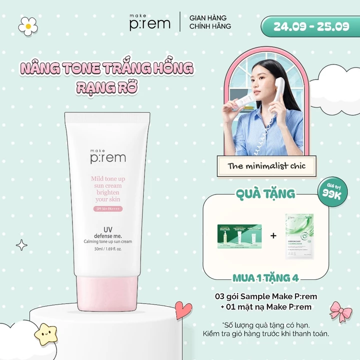 Kem chống nắng vật lý Make P:rem UV DEFENSE ME CALMING TONE UP SUN CREAM SPF50+ PA++++ 50ML