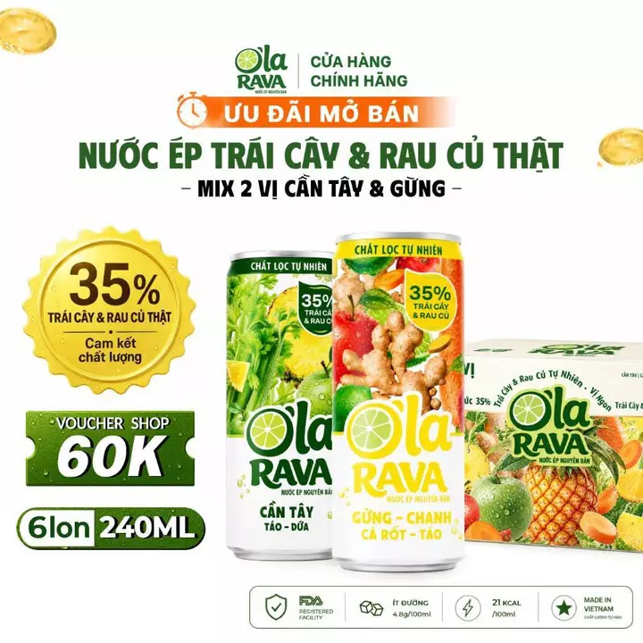 O'la RAVA - Thùng 6 Lon Nước Ép Detox & Reset (Cần Tây & Gừng) 35% Cốt - Thanh Lọc, Đào Thải Độc Tố