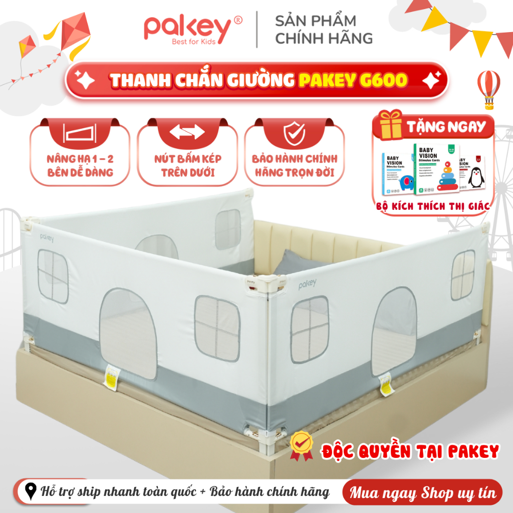 [CHÍNH HÃNG] Thanh Chắn Giường Pakey G600 Bản Mới Chốt Bấm Kép Cải Tiến Nâng Hạ Hoàn Toàn Cả 2 Bên, Vải 600D Thoáng Khí