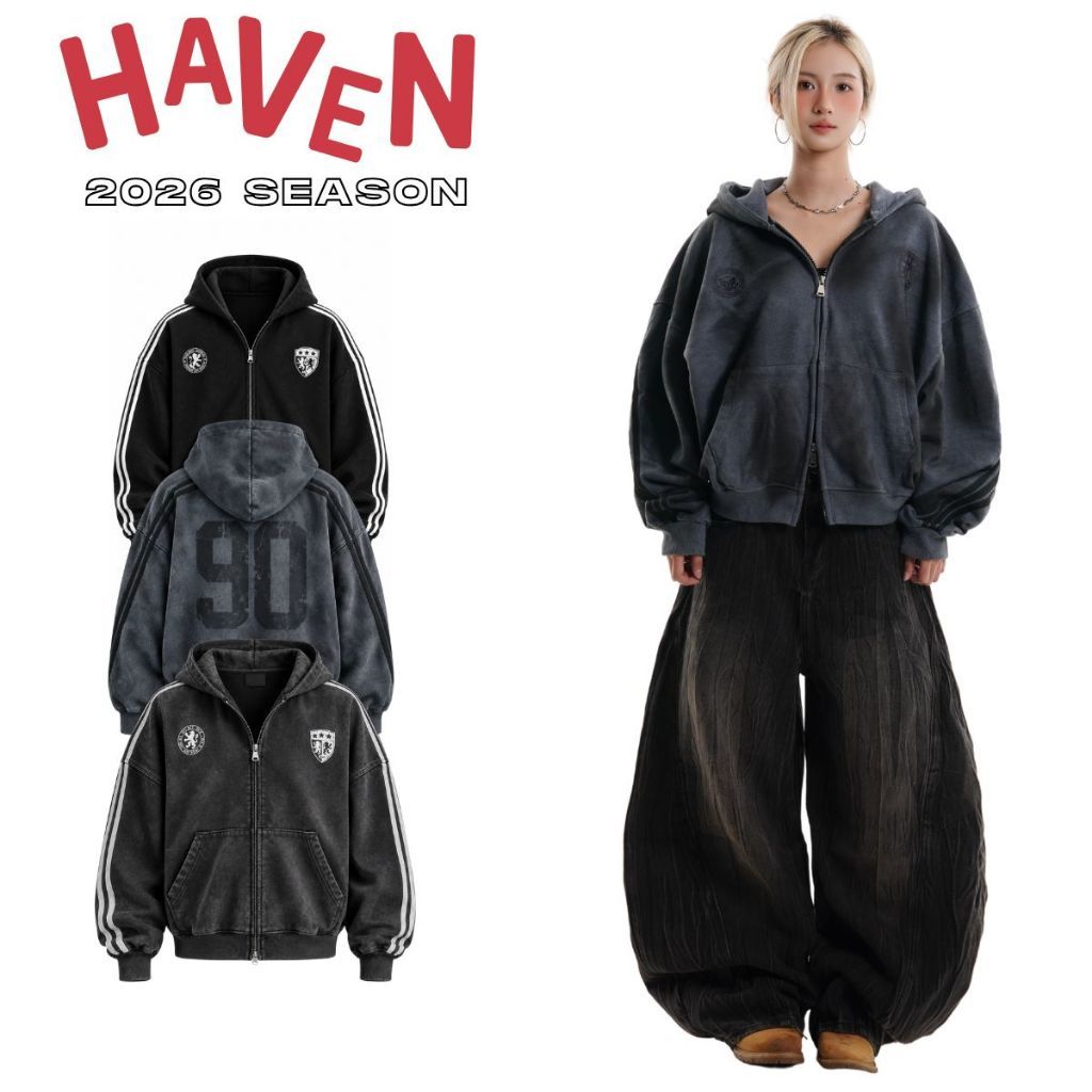 Áo Khoác Hoodie Wash Sọc Haven Studio Form Rộng Unisex Nam Nữ – Wash Xám Sọc, Đen Sọc