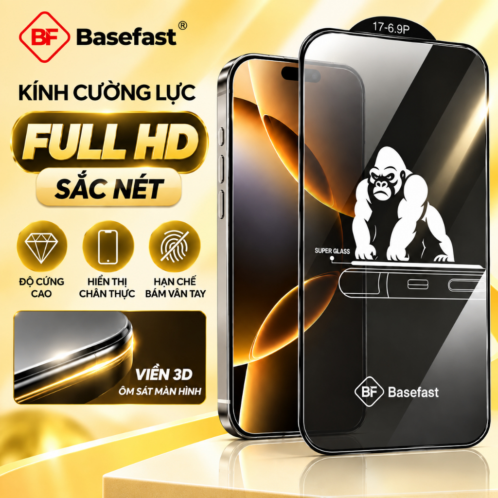 Kính cường lực iphone chống mẻ cạnh Basefast 3D trong suốt cho ip xs 11 12 13 14 15 16 17 18 pro max