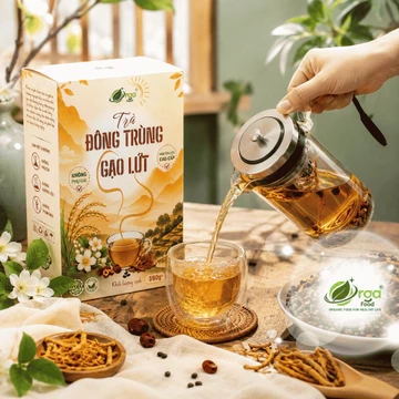 Trà Đông Trùng Hạ Thảo Gạo Lứt Orgafood hộp 500g, Trà Gạo Lứt Đông Trùng Sấy Thăng Hoa