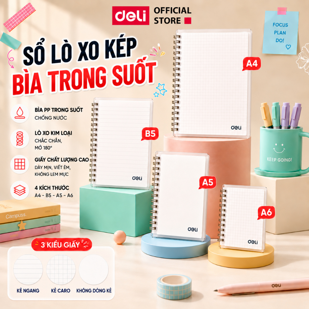 [🔥SIÊU RẺ] Sổ lò xo bìa trong 160 Trang A5/B5/A4 Deli - Sổ tay giấy kẻ ngang, kẻ caro, trơn chống lóa, ghi chép