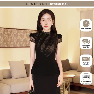 BBSTORE'S Áo Kiểu Tiệc Nữ Phối Ren Kim Sa Dáng Peplum Tay Ngắn Tiểu Thư Sang Trọng Sang Chảnh - AAE01B