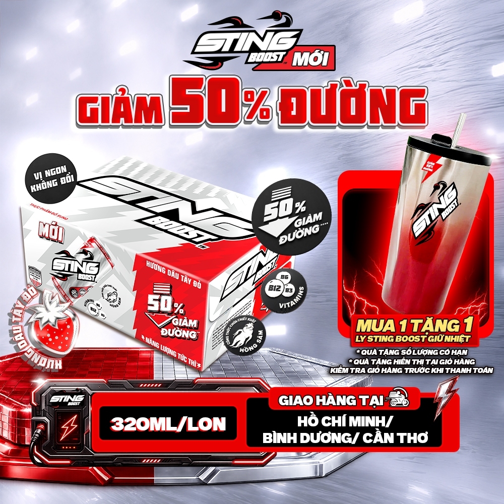 [Mới-Ít Đường] Thùng 28 Lon Nước Tăng Lực Sting Boost Vị Dâu - Giảm 50% Đường (320ml/lon)