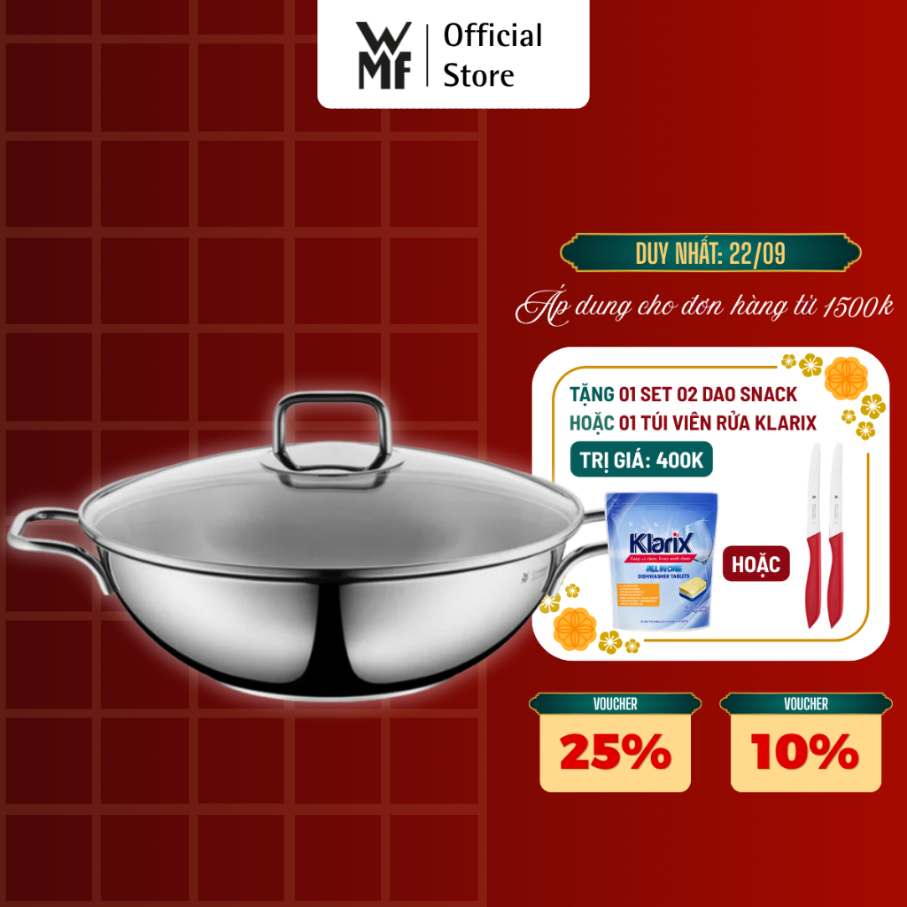 Chảo Thép Sâu Lòng Hai Quai WMF Wok 28cm Kèm Vung Kính, Chất Liệu Thép Không Gỉ, Dùng Được Bếp Từ
