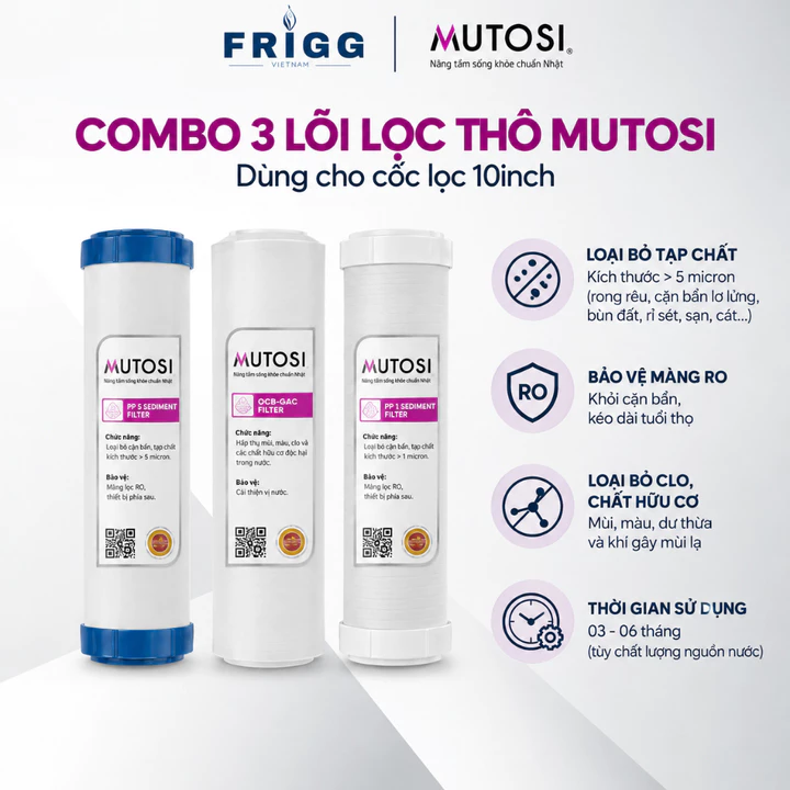Bộ 3 lõi thô Mutosi, Combo lõi lọc 123 dùng cho máy lọc nước RO gia đình, dùng cho cốc lọc 10 inch