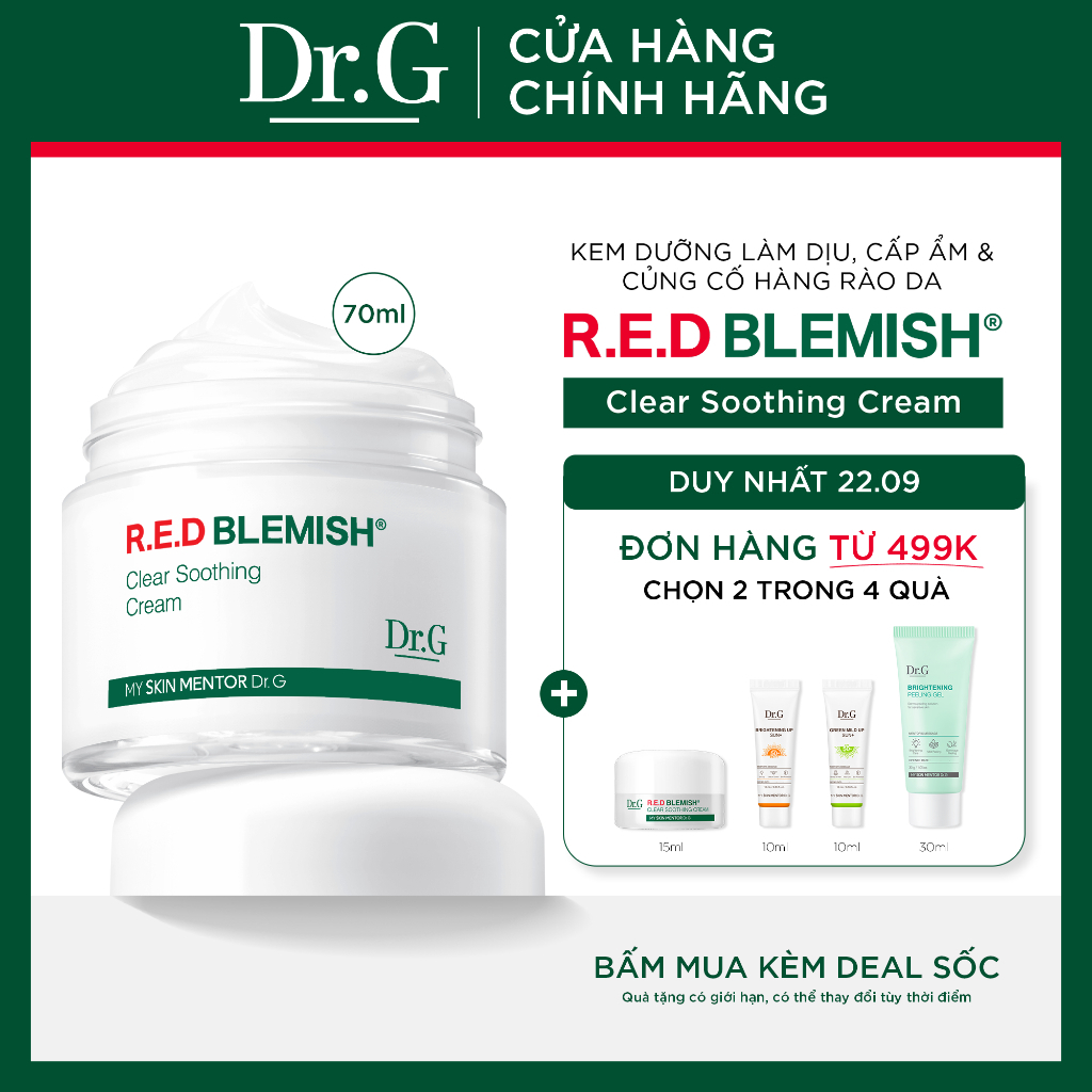 Kem dưỡng Dr.G R.E.D Blemish Clear Soothing Cream DrG 70ml cấp ẩm, làm dịu và giúp củng cố hàng rào bảo vệ da