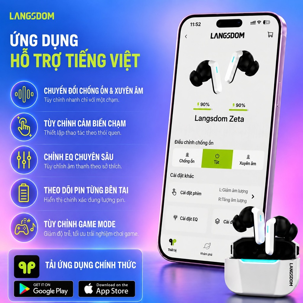 Tai nghe bluetooth Langsdom Zeta, Bass trầm ấm, APP Tiếng Việt, Bluetooth 6.0, Độ trễ thấp 45ms, ANC | BigBuy360 - bigbuy360.vn