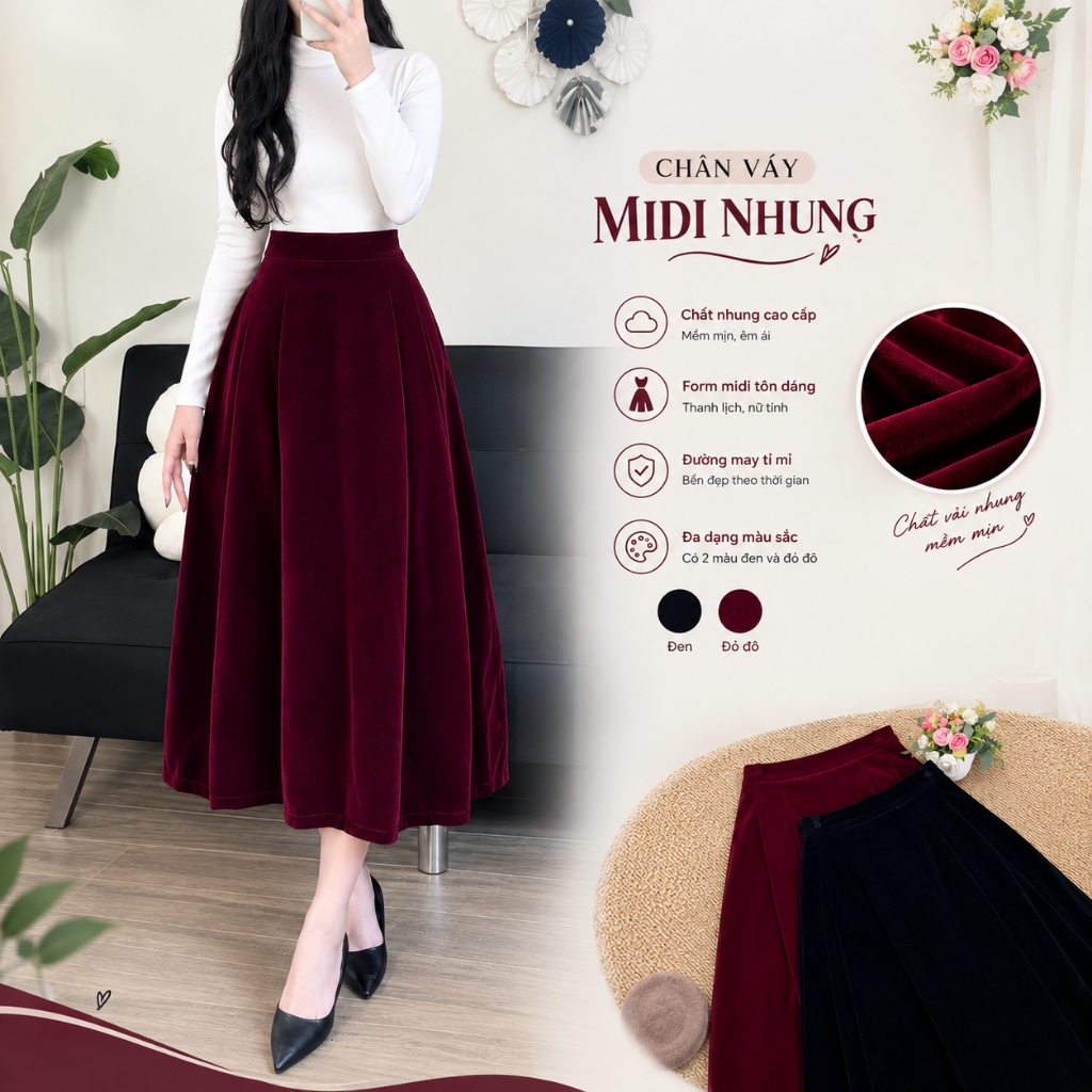 Chân Váy Midi Nhung Lì Nữ Dáng Xòe 2 Lớp Lót HaBuTai Mềm Mịn Có Túi Đen Đỏ Đôô